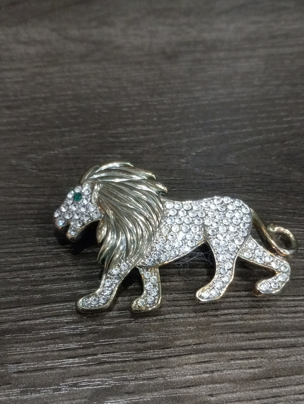 Crystal Pave Lion Brooch in Silver and Green